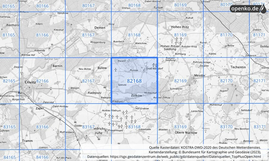 Übersichtskarte des KOSTRA-DWD-2020-Rasterfeldes Nr. 82168