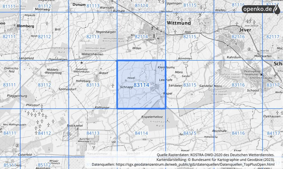 Übersichtskarte des KOSTRA-DWD-2020-Rasterfeldes Nr. 83114