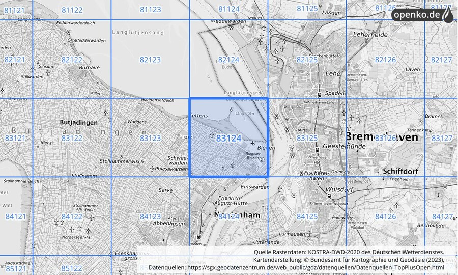 Übersichtskarte des KOSTRA-DWD-2020-Rasterfeldes Nr. 83124