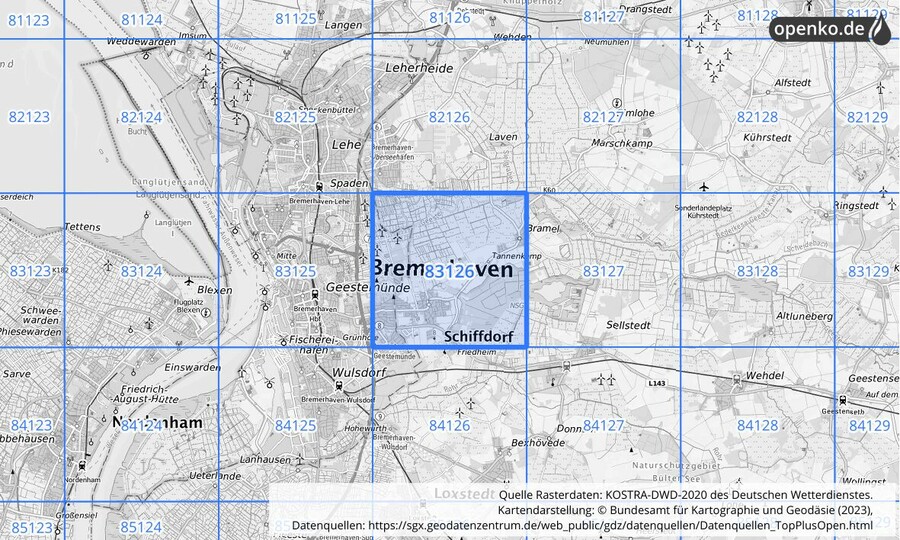 Übersichtskarte des KOSTRA-DWD-2020-Rasterfeldes Nr. 83126