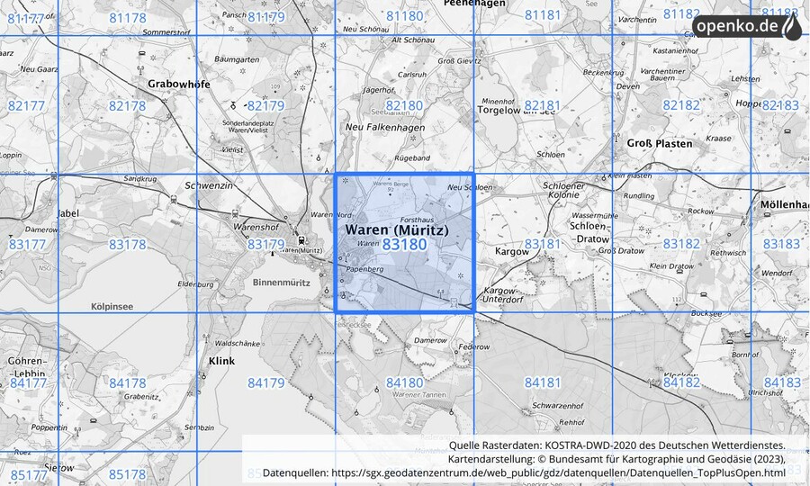 Übersichtskarte des KOSTRA-DWD-2020-Rasterfeldes Nr. 83180