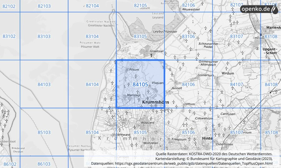Übersichtskarte des KOSTRA-DWD-2020-Rasterfeldes Nr. 84105