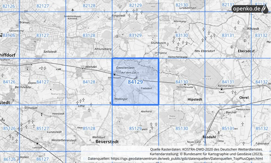 Übersichtskarte des KOSTRA-DWD-2020-Rasterfeldes Nr. 84129