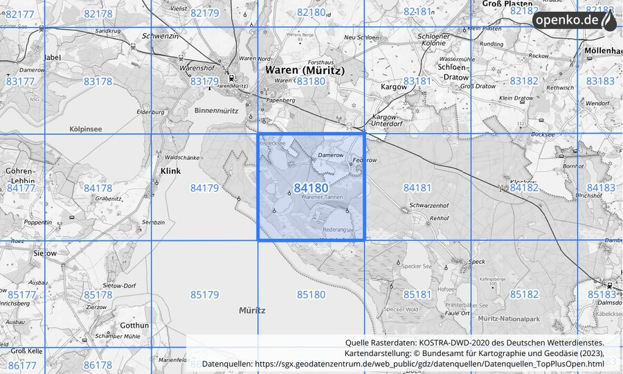 Übersichtskarte des KOSTRA-DWD-2020-Rasterfeldes Nr. 84180