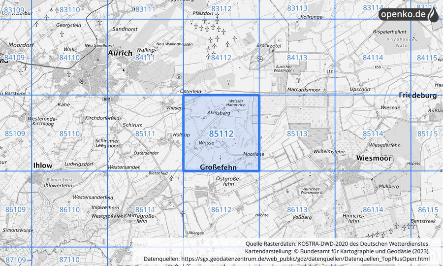 Übersichtskarte des KOSTRA-DWD-2020-Rasterfeldes Nr. 85112