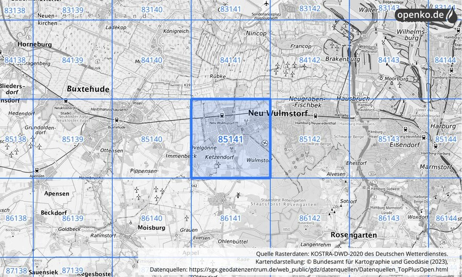 Übersichtskarte des KOSTRA-DWD-2020-Rasterfeldes Nr. 85141
