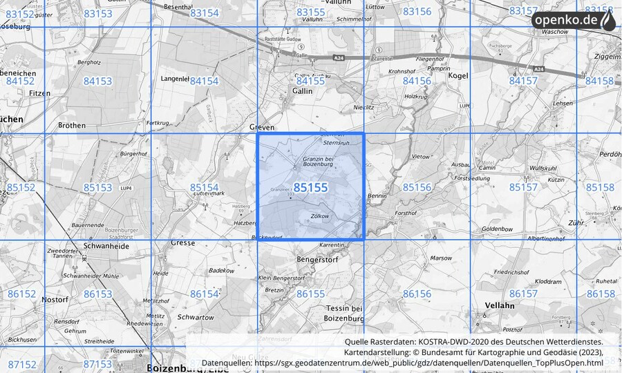 Übersichtskarte des KOSTRA-DWD-2020-Rasterfeldes Nr. 85155