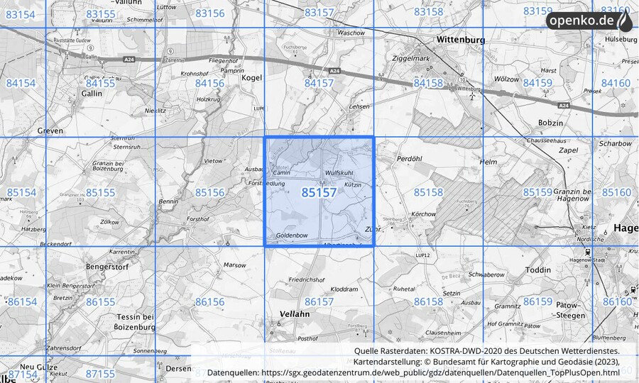 Übersichtskarte des KOSTRA-DWD-2020-Rasterfeldes Nr. 85157 Übersichtskarte des KOSTRA-DWD-2020-Rasterfeldes Nr. 85157