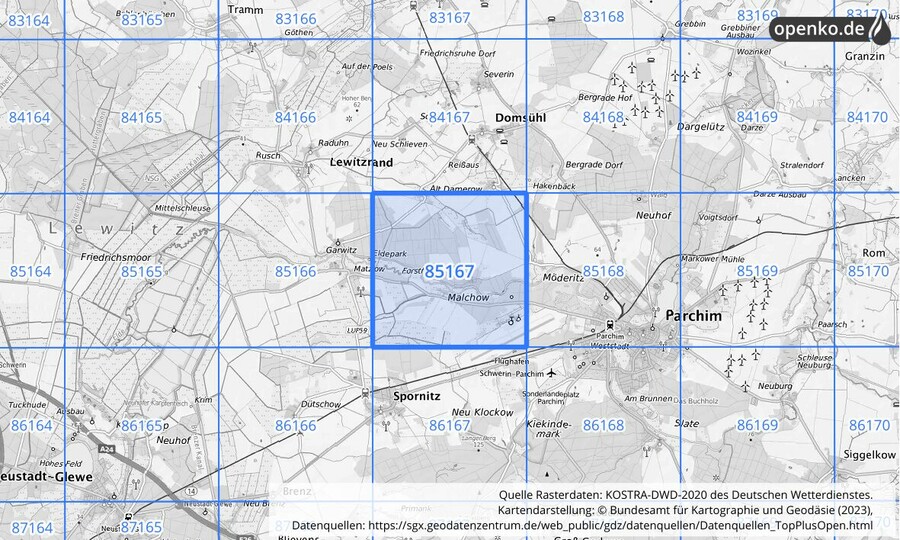 Übersichtskarte des KOSTRA-DWD-2020-Rasterfeldes Nr. 85167