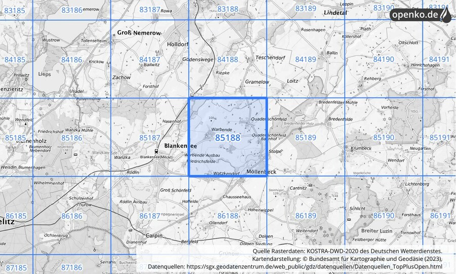 Übersichtskarte des KOSTRA-DWD-2020-Rasterfeldes Nr. 85188
