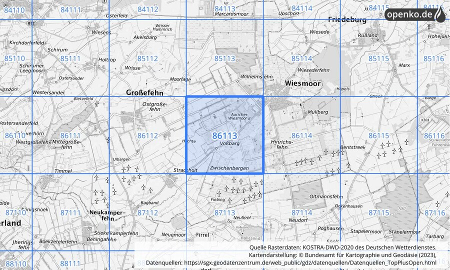 Übersichtskarte des KOSTRA-DWD-2020-Rasterfeldes Nr. 86113