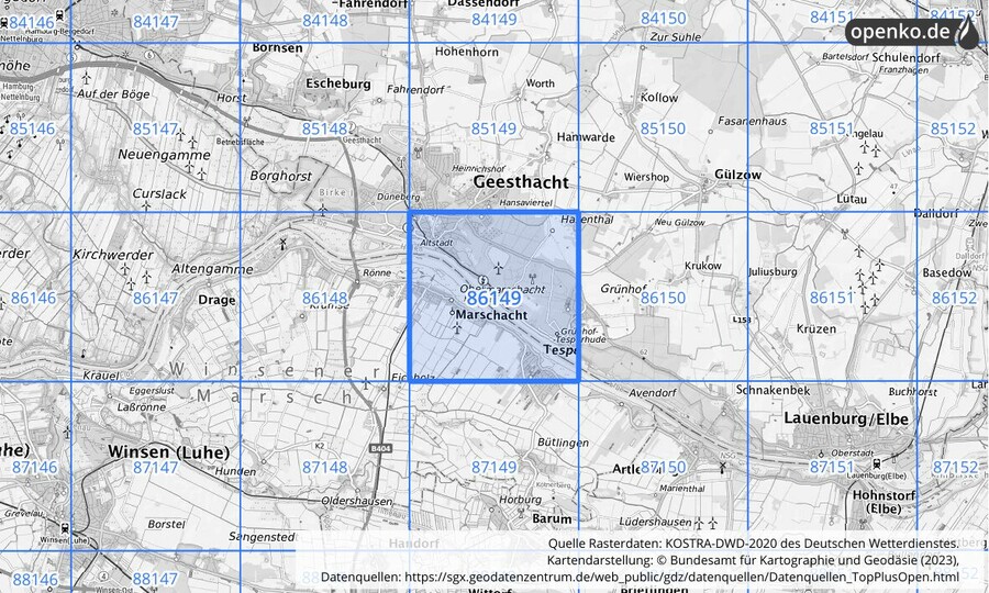 Übersichtskarte des KOSTRA-DWD-2020-Rasterfeldes Nr. 86149