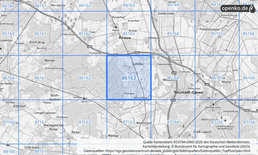 Übersichtskarte des KOSTRA-DWD-2020-Rasterfeldes Nr. 86163