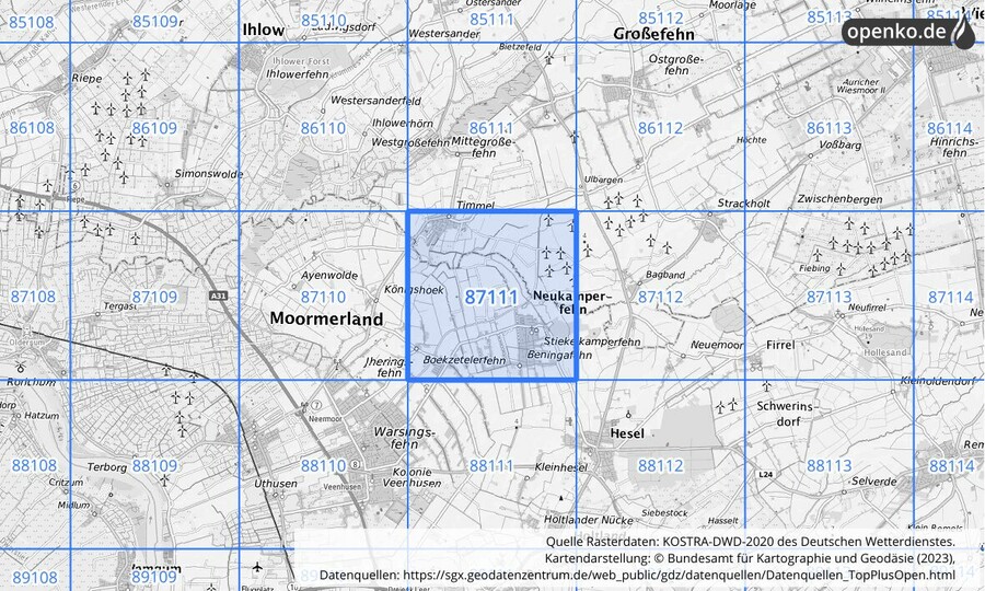 Übersichtskarte des KOSTRA-DWD-2020-Rasterfeldes Nr. 87111