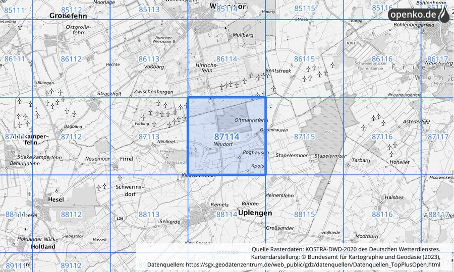 Übersichtskarte des KOSTRA-DWD-2020-Rasterfeldes Nr. 87114