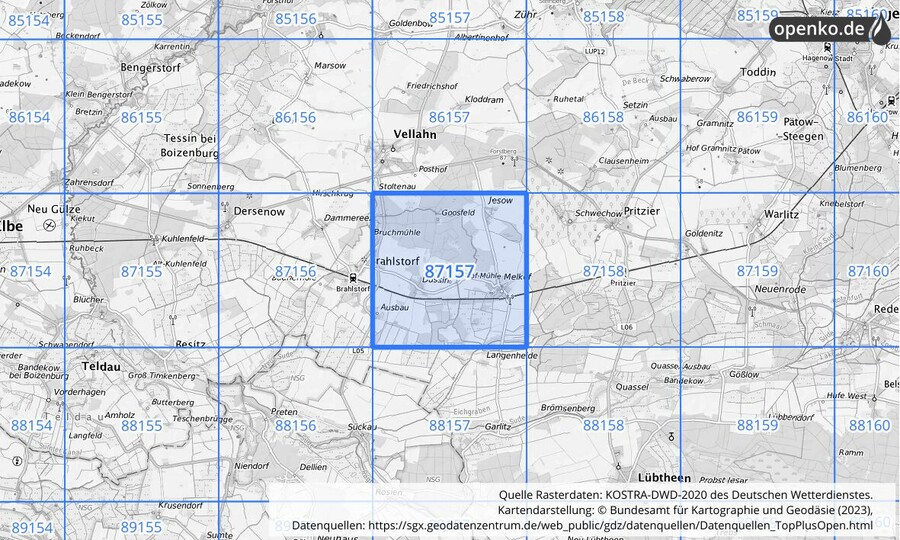 Übersichtskarte des KOSTRA-DWD-2020-Rasterfeldes Nr. 87157 Übersichtskarte des KOSTRA-DWD-2020-Rasterfeldes Nr. 87157