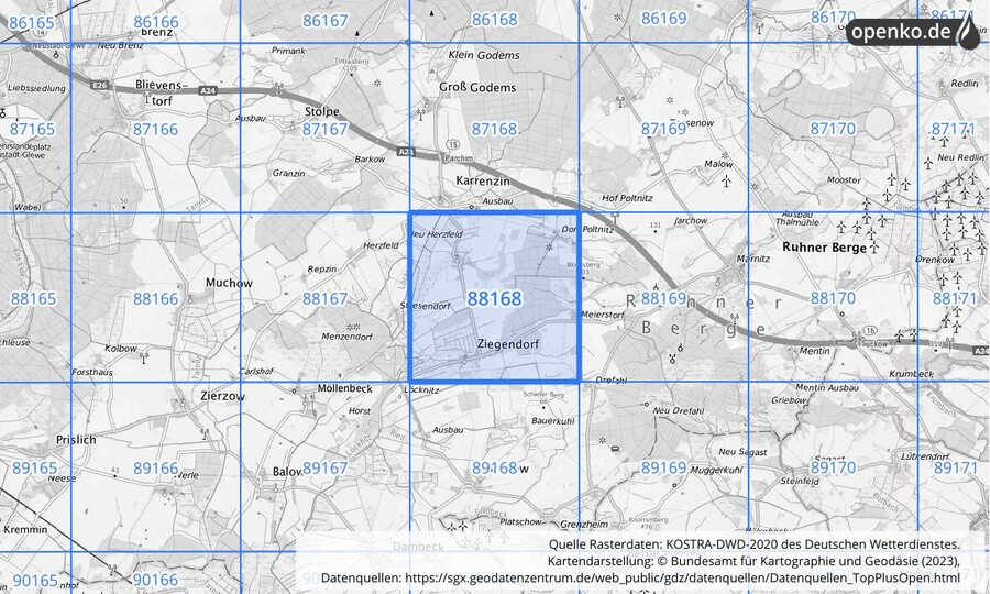 Übersichtskarte des KOSTRA-DWD-2020-Rasterfeldes Nr. 88168