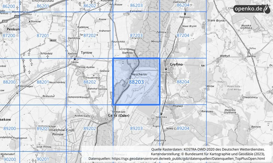 Übersichtskarte des KOSTRA-DWD-2020-Rasterfeldes Nr. 88203