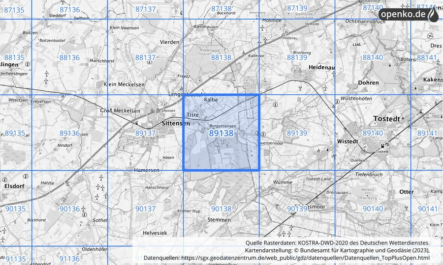 Übersichtskarte des KOSTRA-DWD-2020-Rasterfeldes Nr. 89138