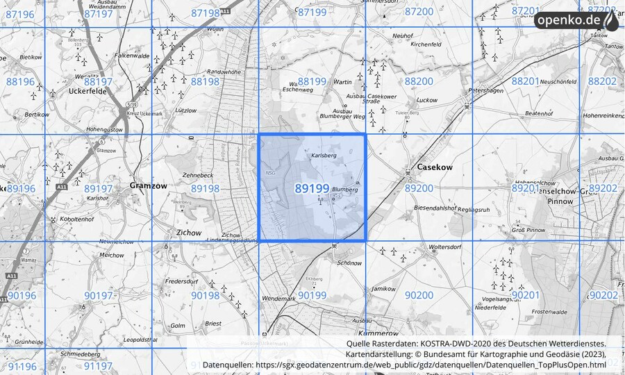 Übersichtskarte des KOSTRA-DWD-2020-Rasterfeldes Nr. 89199