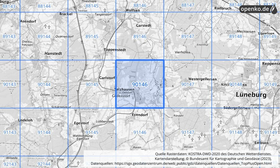 Übersichtskarte des KOSTRA-DWD-2020-Rasterfeldes Nr. 90146