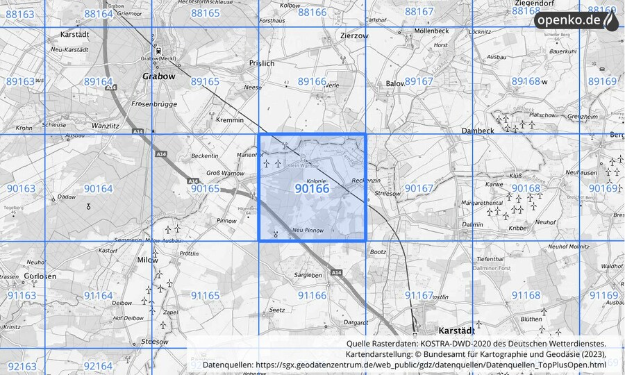 Übersichtskarte des KOSTRA-DWD-2020-Rasterfeldes Nr. 90166
