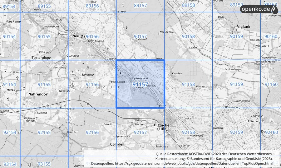 Übersichtskarte des KOSTRA-DWD-2020-Rasterfeldes Nr. 91157