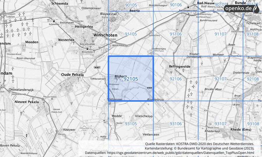Übersichtskarte des KOSTRA-DWD-2020-Rasterfeldes Nr. 92105 Übersichtskarte des KOSTRA-DWD-2020-Rasterfeldes Nr. 92105