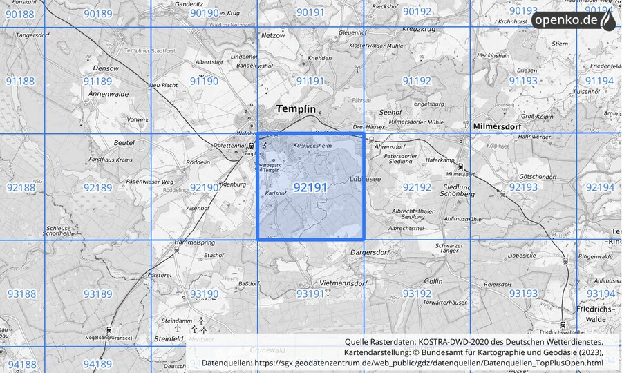 Übersichtskarte des KOSTRA-DWD-2020-Rasterfeldes Nr. 92191