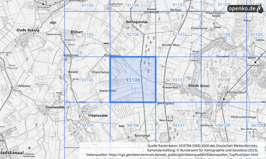 Übersichtskarte des KOSTRA-DWD-2020-Rasterfeldes Nr. 93106 Übersichtskarte des KOSTRA-DWD-2020-Rasterfeldes Nr. 93106