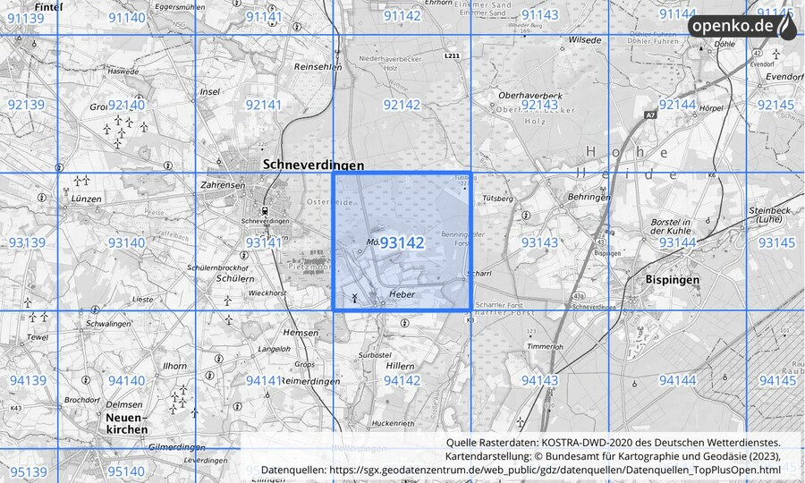 Übersichtskarte des KOSTRA-DWD-2020-Rasterfeldes Nr. 93142