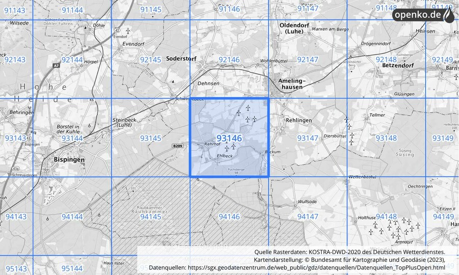 Übersichtskarte des KOSTRA-DWD-2020-Rasterfeldes Nr. 93146