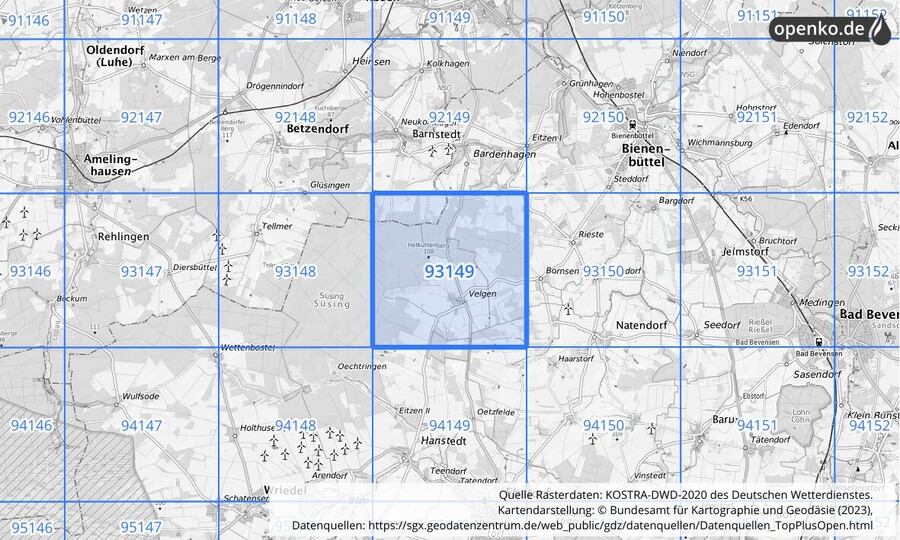 Übersichtskarte des KOSTRA-DWD-2020-Rasterfeldes Nr. 93149