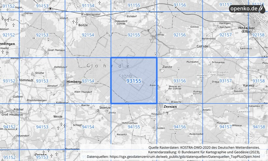 Übersichtskarte des KOSTRA-DWD-2020-Rasterfeldes Nr. 93155