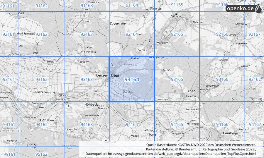 Übersichtskarte des KOSTRA-DWD-2020-Rasterfeldes Nr. 93164