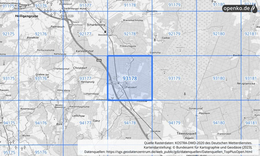 Übersichtskarte des KOSTRA-DWD-2020-Rasterfeldes Nr. 93178 Übersichtskarte des KOSTRA-DWD-2020-Rasterfeldes Nr. 93178