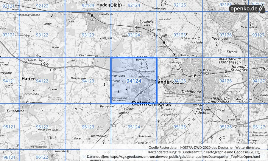 Übersichtskarte des KOSTRA-DWD-2020-Rasterfeldes Nr. 94124
