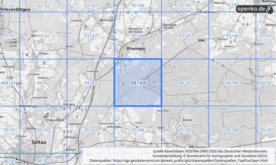 Übersichtskarte des KOSTRA-DWD-2020-Rasterfeldes Nr. 94144