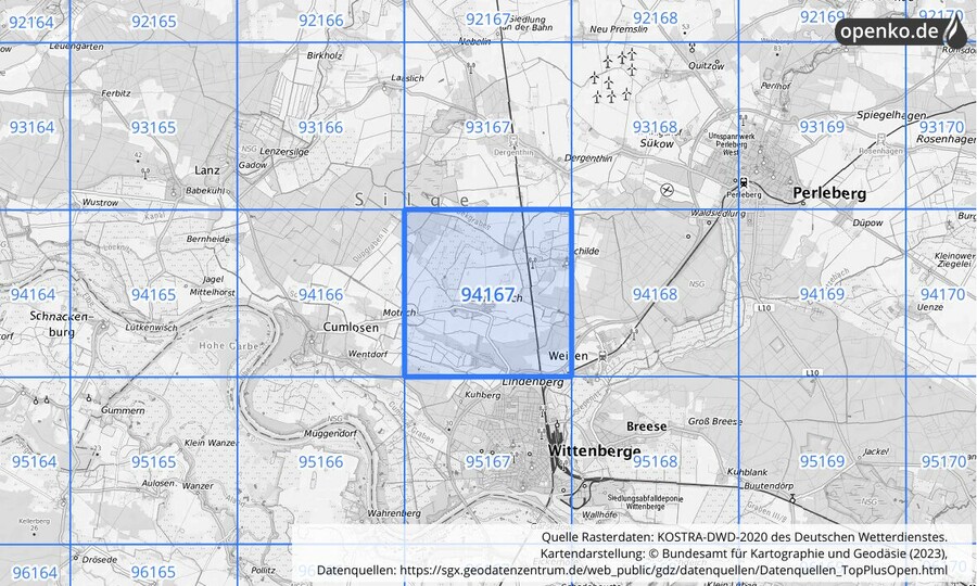 Übersichtskarte des KOSTRA-DWD-2020-Rasterfeldes Nr. 94167
