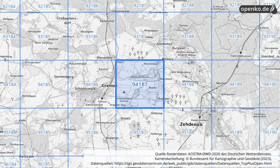 Übersichtskarte des KOSTRA-DWD-2020-Rasterfeldes Nr. 94187