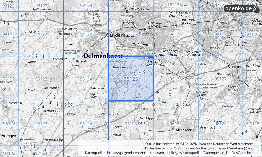 Übersichtskarte des KOSTRA-DWD-2020-Rasterfeldes Nr. 95125