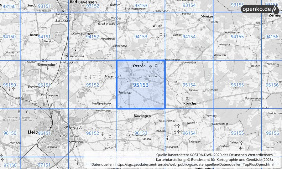 Übersichtskarte des KOSTRA-DWD-2020-Rasterfeldes Nr. 95153