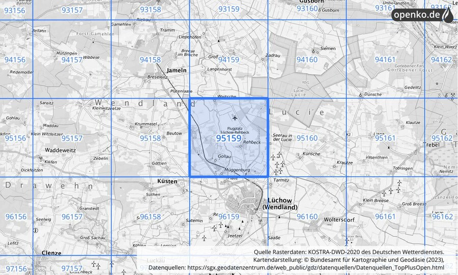 Übersichtskarte des KOSTRA-DWD-2020-Rasterfeldes Nr. 95159