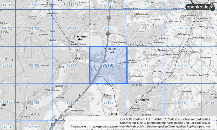 Übersichtskarte des KOSTRA-DWD-2020-Rasterfeldes Nr. 95195