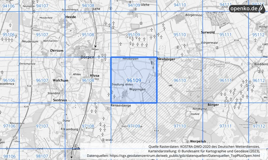 Übersichtskarte des KOSTRA-DWD-2020-Rasterfeldes Nr. 96109