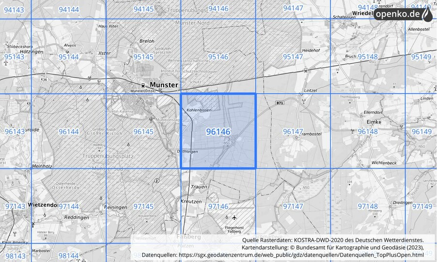 Übersichtskarte des KOSTRA-DWD-2020-Rasterfeldes Nr. 96146