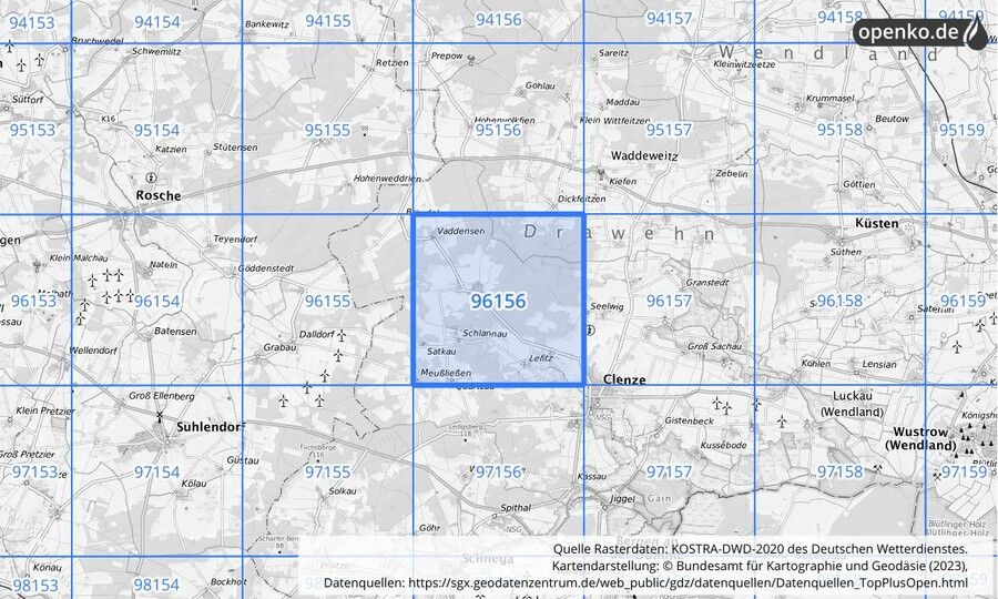 Übersichtskarte des KOSTRA-DWD-2020-Rasterfeldes Nr. 96156 Übersichtskarte des KOSTRA-DWD-2020-Rasterfeldes Nr. 96156