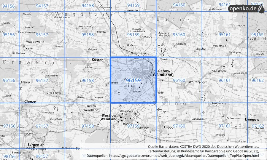 Übersichtskarte des KOSTRA-DWD-2020-Rasterfeldes Nr. 96159