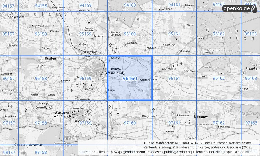 Übersichtskarte des KOSTRA-DWD-2020-Rasterfeldes Nr. 96160 Übersichtskarte des KOSTRA-DWD-2020-Rasterfeldes Nr. 96160