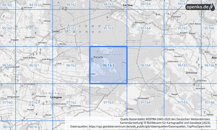 Übersichtskarte des KOSTRA-DWD-2020-Rasterfeldes Nr. 96163 Übersichtskarte des KOSTRA-DWD-2020-Rasterfeldes Nr. 96163